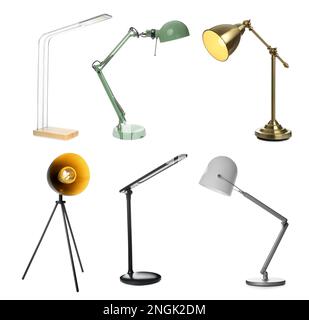 Set with different stylish table lamps on white background Stock Photo
