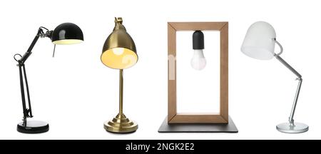 Set with different stylish table lamps on white background. Banner design Stock Photo