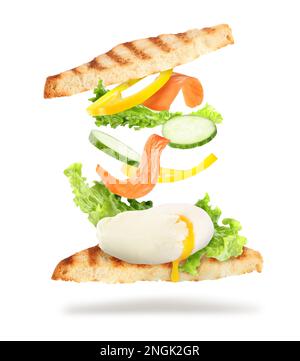 Delicious sandwich with flying ingredients on white background Stock Photo