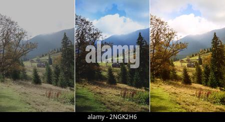 Photos before and after retouch, collage. Beautiful mountain landscape with conifer forest and village Stock Photo