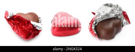 Set with delicious heart shaped chocolate candies wrapped in red foil on white background. Banner design Stock Photo