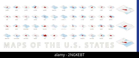 Stacked map in isometric style, large collection of maps of the U.S. states, sorted alphabetically. Vector illustration. Stock Vector
