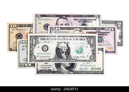US Dollars background. Notes face value of all US dollars isolated on white. Stock Photo