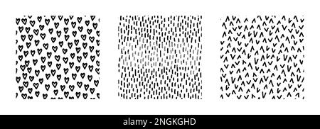 Set of abstract seamless patterns with textures. Black and white simple backgrounds with scribbles. Vector hand-drawn illustration. Perfect for decorations, wallpaper, wrapping paper, fabric, print. Stock Vector