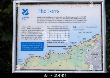 Torrs walk information board for the coastal path along the North Devon coast between Ilfracombe and Lee, Devon, UK. Stock Photo