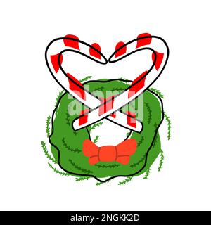 Candy cane and wreath in cartoon flat style. Vector illustration isolated on white background. Stock Vector