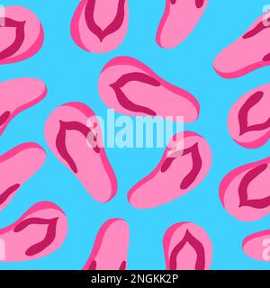 Yellow Flip-flops. Beach shoes. Vector seamless pattern in cartoon flat style isolated on blue background. Stock Vector