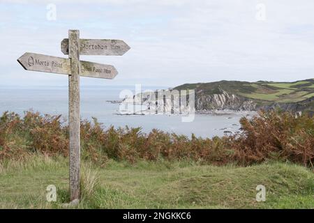 North Devon Sign Footpath sign giving directions to Morte Point, Bull Point an Morethoe ...