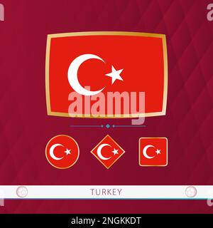 Set of Turkey flags with gold frame for use at sporting events on a burgundy abstract background. Vector collection of flags. Stock Vector