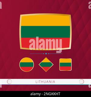Set of Lithuania flags with gold frame for use at sporting events on a burgundy abstract background. Vector collection of flags. Stock Vector