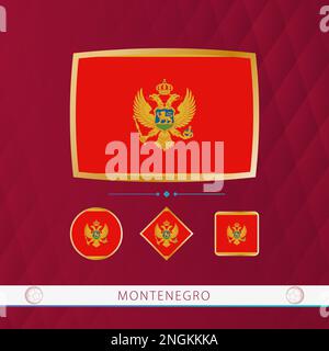Set of Montenegro flags with gold frame for use at sporting events on a burgundy abstract background. Vector collection of flags. Stock Vector