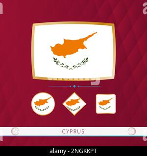Set of Cyprus flags with gold frame for use at sporting events on a burgundy abstract background. Vector collection of flags. Stock Vector