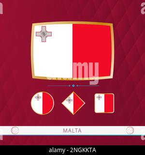 Set of Malta flags with gold frame for use at sporting events on a burgundy abstract background. Vector collection of flags. Stock Vector