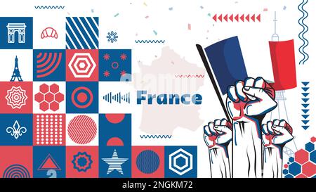 French national day banner for Bastille Day, Bastille Day with abstract modern design. Flag and map of France with typography red blue color theme. Stock Vector