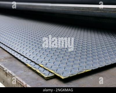 Image of mild steel checkered plate on the lorry bed Stock Photo