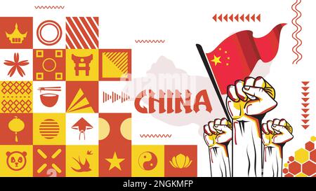 China national day banner for Chineses republic Day with abstract modern design. Flag and map of china with typography red yellow color theme. Stock Vector