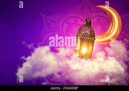 Ornamental Arabic lantern with burning candle glowing . Festive greeting card, invitation for Muslim holy month Ramadan Kareem. Ramadan Kareem greetin Stock Photo