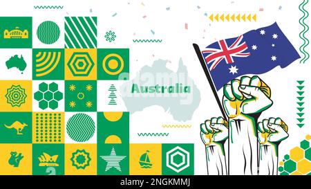 Australia day banner design for 26 January 2023. Abstract geometric banner for the national day of Australia in shapes of yellow and green colors. Stock Vector
