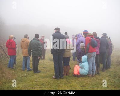 Local historian Mr. Alf Jenkins MBE, at the age of 86, giving a talk about the quarrying and mining heritage of Shropshire's Titterstone Clee Hill. Stock Photo