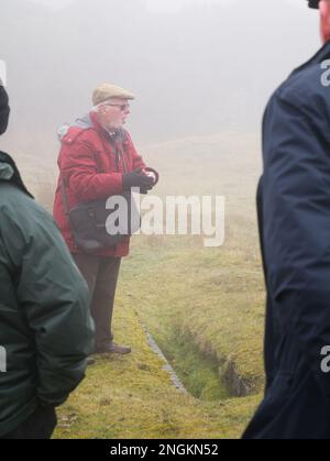 Local historian Mr. Alf Jenkins MBE, at the age of 86, giving a talk about the quarrying and mining heritage of Shropshire's Titterstone Clee Hill. Stock Photo