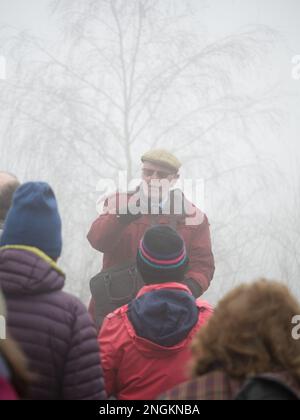 Local historian Mr. Alf Jenkins MBE, at the age of 86, giving a talk about the quarrying and mining heritage of Shropshire's Titterstone Clee Hill. Stock Photo