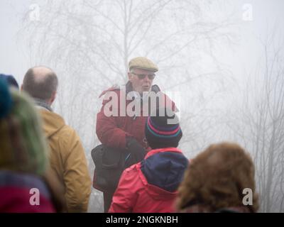 Local historian Mr. Alf Jenkins MBE, at the age of 86, giving a talk about the quarrying and mining heritage of Shropshire's Titterstone Clee Hill. Stock Photo