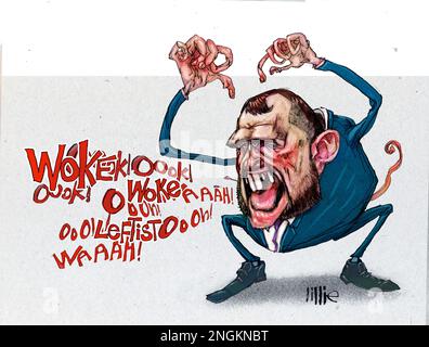 Satire style cartoon illustration caricature of Jonathan Gullis MP Conservative Party politician. Referencing Gullis' outbursts in media & during PMQs Stock Photo