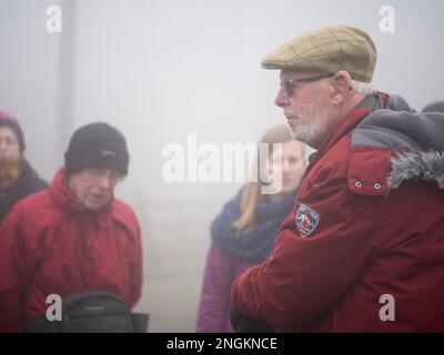 Local historian Mr. Alf Jenkins MBE, at the age of 86, giving a talk about the quarrying and mining heritage of Shropshire's Titterstone Clee Hill. Stock Photo