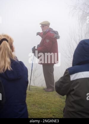 Local historian Mr. Alf Jenkins MBE, at the age of 86, giving a talk about the quarrying and mining heritage of Shropshire's Titterstone Clee Hill. Stock Photo