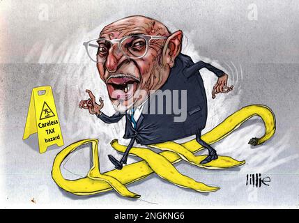 Satire style cartoon caricature of Conservative politician Nadhim Zahawi, referencing tax avoidance allegations & failure to file his taxes properly. Stock Photo