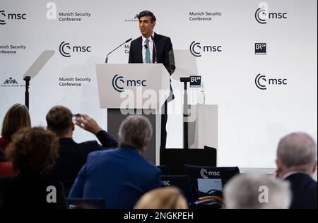 Munich, Germany. 18th Feb, 2023. Rishi Sunak, Prime Minister of the United Kingdom, attends the Security Conference. The 59th Munich Security Conference (MSC) will be held at the Hotel Bayerischer Hof in Munich from February 17 to 19, 2023. Credit: Sven Hoppe/dpa/Alamy Live News Stock Photo