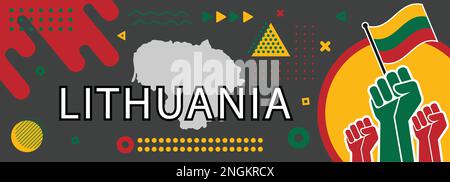 Lithuania Independence and national day banner with Lithuanian flag colors theme geometric art shapes, raised fists, background cover design with map. Stock Vector