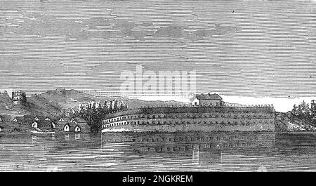 Bomarsund Fortress in the 19th century; Location of the Battle of Bomarsund during the Aland War of 1854; Black and White Illustration Stock Photo