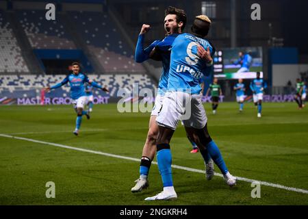 Reggio Emilia, Italy. 17 February 2023. Khvicha Kvaratskhelia of SSC Napoli celebrates with Victor Osimhen of SSC Napoli after scoring a goal during the Serie A football match between US Sassuolo and SSC Napoli. Credit: Nicolò Campo/Alamy Live News Stock Photo