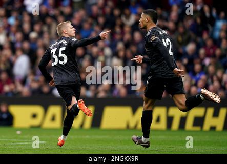 Arsenal's Oleksandr Zinchenko celebrates scoring his sides second goal to level the score at 2-2 during the Premier League match at Villa Park, Birmingham. Picture date: Saturday February 18, 2023. Stock Photo