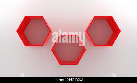 Empty red hexagon shelves on white wall 3D mockup Stock Vector