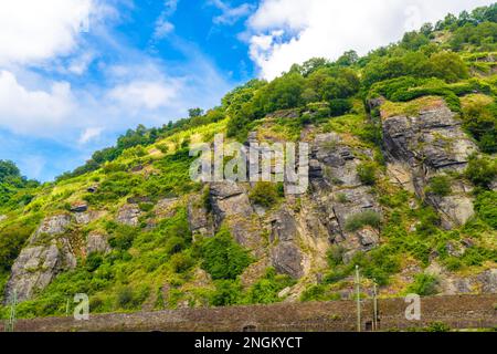Rocks near Rhein Rhine river in Loreley, Rhein-Lahn-Kreis, Rhineland-Palatinate, Rheinland-Pfalz, Germany. Stock Photo