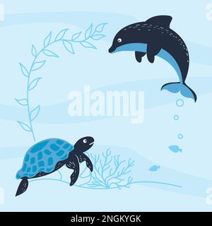 turtle and dolphin Stock Vector