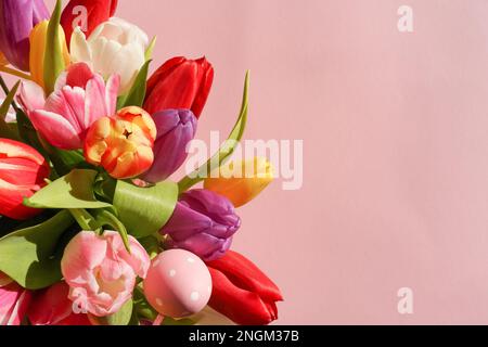 Colorful tulips bouquet with easter egg on a pink background. Easter card. Top view with copy space for greetings Stock Photo