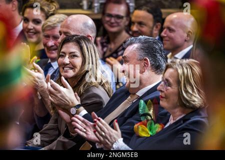 MAASTRICHT - from left to right Vivianne Heijnen, State Secretary of Infrastructure and Water Management, Dilan Yesilgoz, Minister of Security and Justice, and Governor Emile Roemer during the handover of the keys for carnival. City prince Stefan I symbolically gains power over the city for three days. ANP MARCEL VAN HOORN netherlands out - belgium out Stock Photo