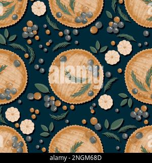 Seamless pattern with pies. ornament with endless berry pie design. suitable for kitchen textiles, kitchen towels and tablecloths. Dark blue backgroun Stock Vector