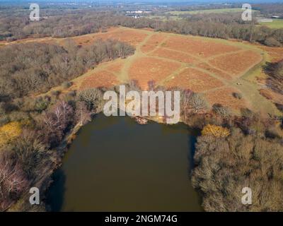 aerial view of the lake in ditchling common country park in east sussex Stock Photo