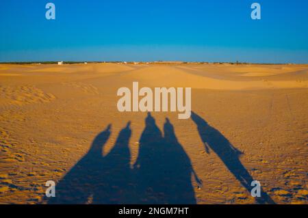 Shadows of 5 men on the sand in Sahara desert in Tunisia. Stock Photo