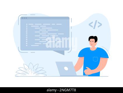 A man stands near the smartphone, on the screen Programmer working. Software programming. Writing code. Stock Vector