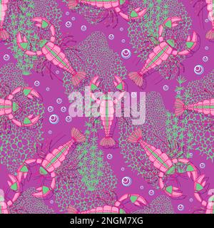 sea crawfish pattern. seamless pattern in nautical style. Underwater creatures, starfish, cancer, corals, fish. nautical, nautical endless wallpaper, Stock Vector