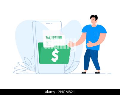 A man stands near the smartphone, on the screen Tax return document. Tax declaration Stock Vector