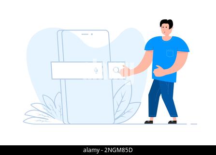 A man stands near the smartphone, on the screen Search Bar. Search Address and navigation bar. Stock Vector