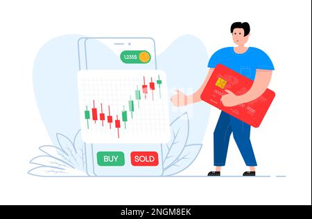 A man stands near the smartphone, on the screen Stocks market graph. Trading, forex. Excellent investing. Stock Vector