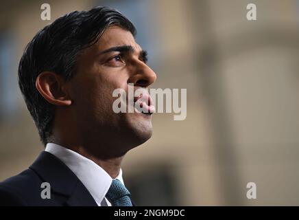 Prime Minister Rishi Sunak gives a TV interview on the sidelines of the Munich Security Conference in Germany. The Prime Minister is due to meet with a number of world leaders while at the summit. He is also expected to meet European Commission president Ursula von der Leyen on the fringes to talk about a deal to fix the Northern Ireland Protocol. Picture date: Saturday February 18, 2023. Stock Photo