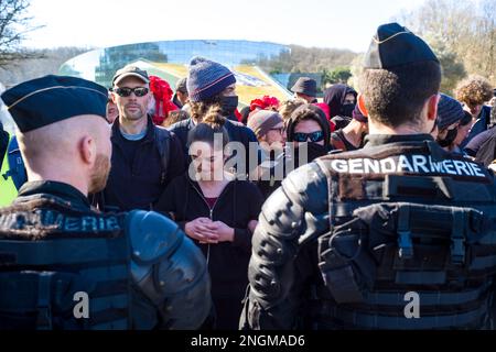 Lavaur, France. 18th Feb, 2023. An Extinction Rebellion action at Pierre Fabre headquarters to demonstrate against the A69 motorway. France, Lavaur on February 18, 2023.Photo by Patricia Huchot-Boissier/ABACAPRESS.COM Credit: Abaca Press/Alamy Live News Stock Photo